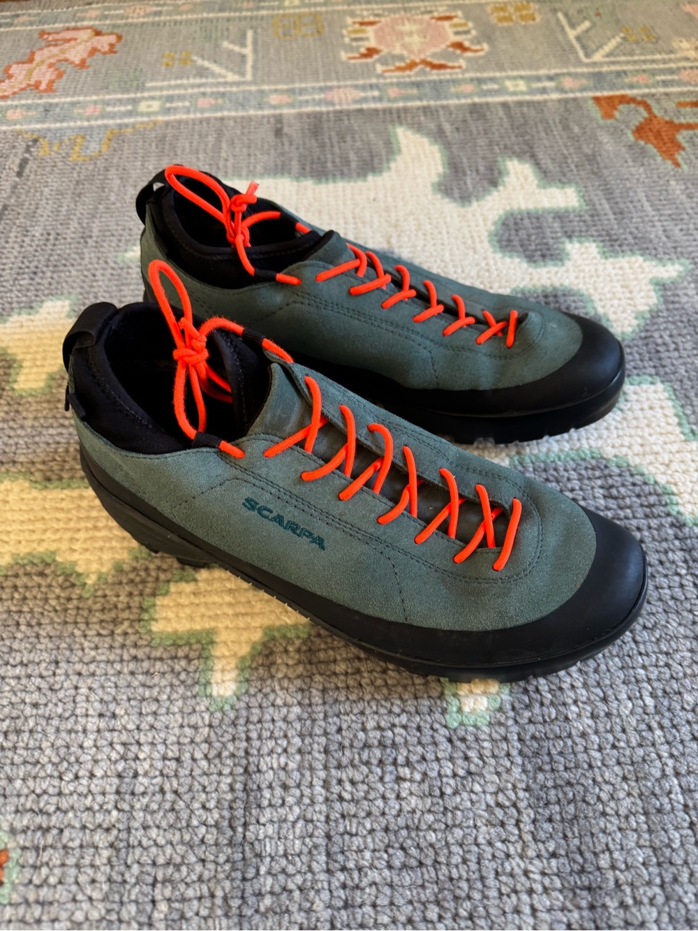 Scarpa Women’s Olive Green Suede Gortex shoes with Bright Orange Laces